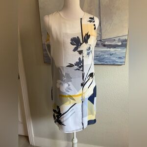 White House Black Market Sleeveless Floral Shift Dress in White, Yellow & Navy
